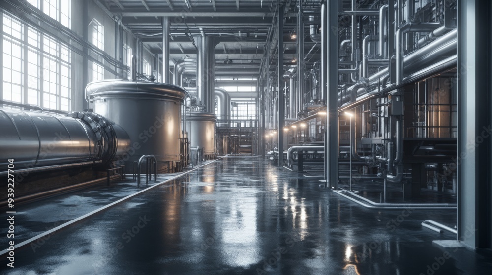 Industrial interior of a modern factory with shiny metal pipes and large tanks, showcasing high-tech machinery and advanced manufacturing processes. Industrial interior of a modern factory with shiny metal pipes and large tanks, showcasing high-tech machinery and advanced manufacturing processes.