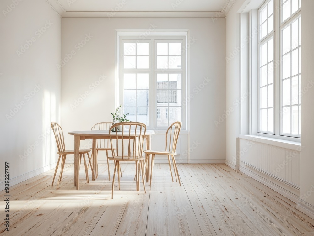 Fototapeta premium A white room with a wooden table and chairs
