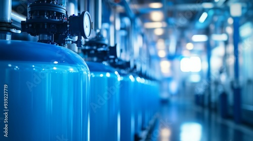 Industrial interior of a modern water treatment plant with large blue tanks, pipes, and gauges in perspective, under bright lighting.