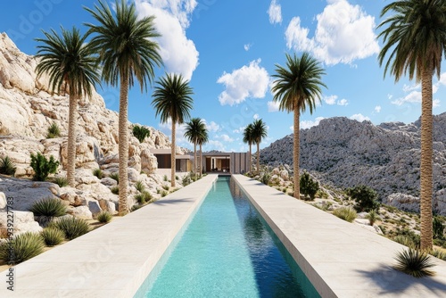 A strikingly beautiful and tranquil desert oasis featuring a long, narrow swimming pool flanked by lush palm trees under a bright blue sky, offering an escape from reality. photo