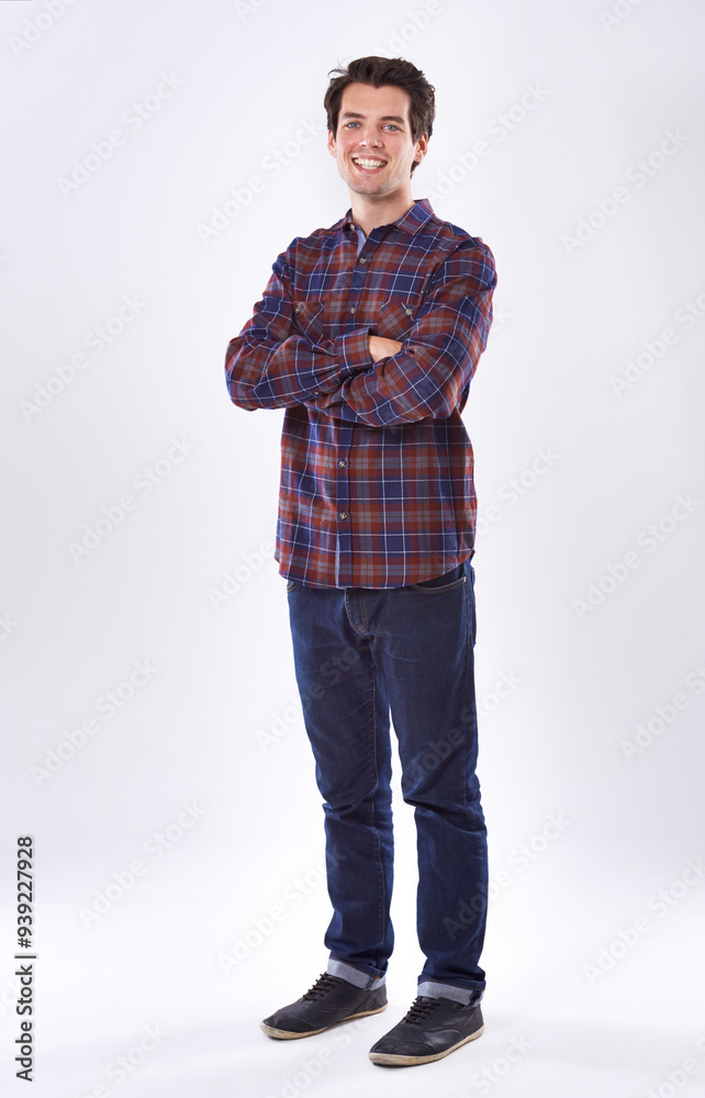 Portrait, man and fashion with cool, happy and smiling in white background for comfort wear. Male person, style and aesthetic with arms crossed, confidence and overshirt for casual outfit or clothes Portrait, man and fashion with cool, happy and smiling in white background for comfort wear. Male person, style and aesthetic with arms crossed, confidence and overshirt for casual outfit or clothes