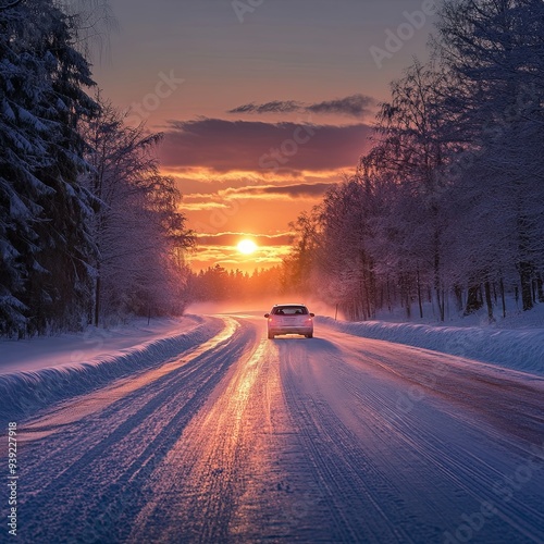 Picture of winter road and car in cold climate on sunset