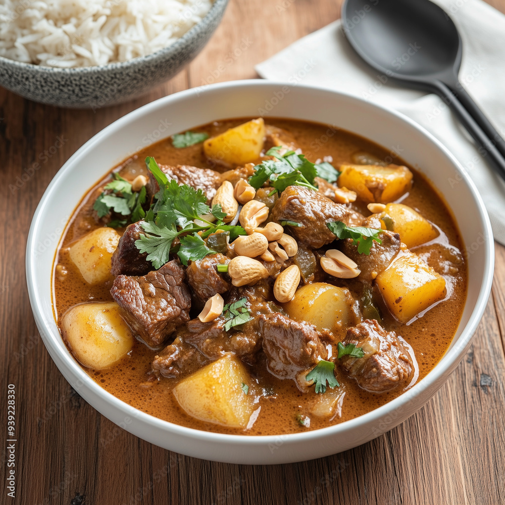 The photo of delicious Thai food Massaman serve with steam rice decorate with ingredient The photo of delicious Thai food Massaman serve with steam rice decorate with ingredient