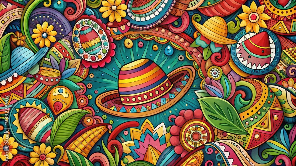 Vibrant colorful Mexican-inspired doodles fill the frame with intricate patterns, swirling shapes, and playful sombreros, creating a lively and festive atmosphere. Vibrant colorful Mexican-inspired doodles fill the frame with intricate patterns, swirling shapes, and playful sombreros, creating a lively and festive atmosphere.