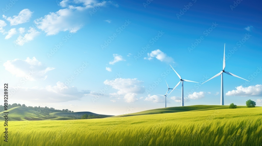 Wind turbines in a field with clear blue sky and rolling hills Wind turbines in a field with clear blue sky and rolling hills