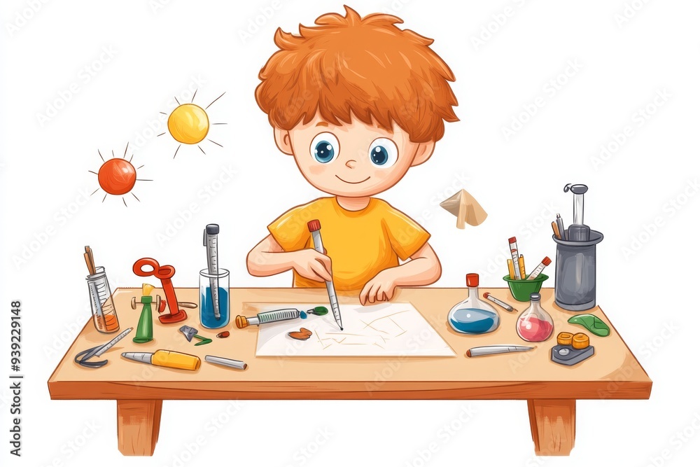 A boy working on his science project at the dining table, with various materials and tools scattered around him A boy working on his science project at the dining table, with various materials and tools scattered around him