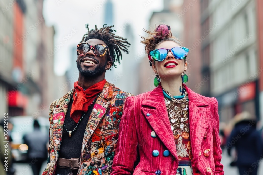 A stylishly dressed duo in colorful, eclectic attire stands confidently on a busy city street, showcasing unique fashion choices and vibrant urban culture. A stylishly dressed duo in colorful, eclectic attire stands confidently on a busy city street, showcasing unique fashion choices and vibrant urban culture.