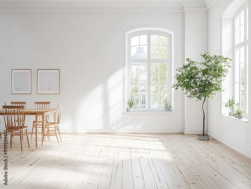 Fototapeta premium A large, empty room with a wooden table and chairs