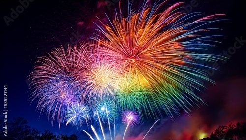 Rainbow fireworks exploding in the night sky.
