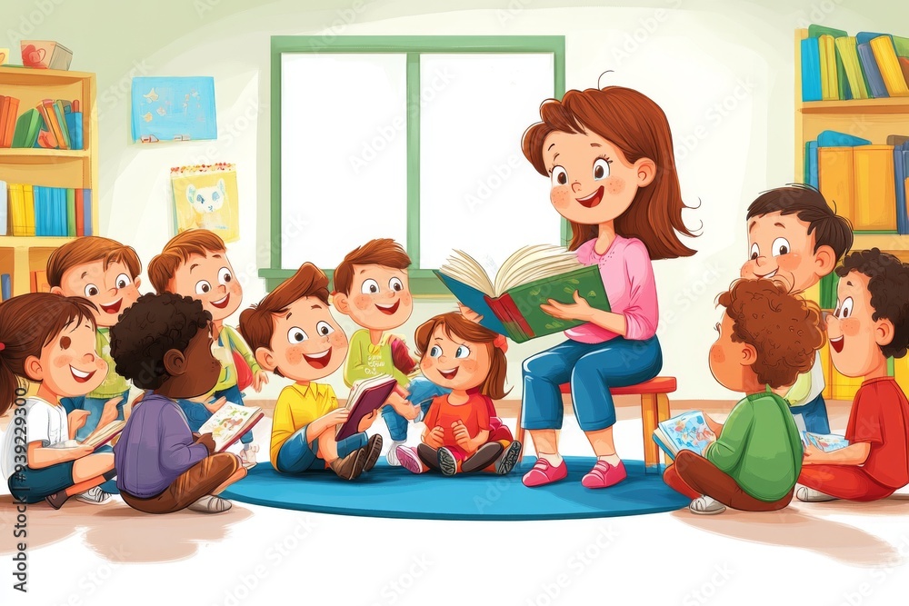 A bright and airy classroom where a teacher is reading a book aloud to a group of children, who are all smiling and engaged A bright and airy classroom where a teacher is reading a book aloud to a group of children, who are all smiling and engaged