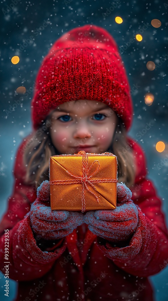 Child in red holding a gift with snow falling around Child in red holding a gift with snow falling around