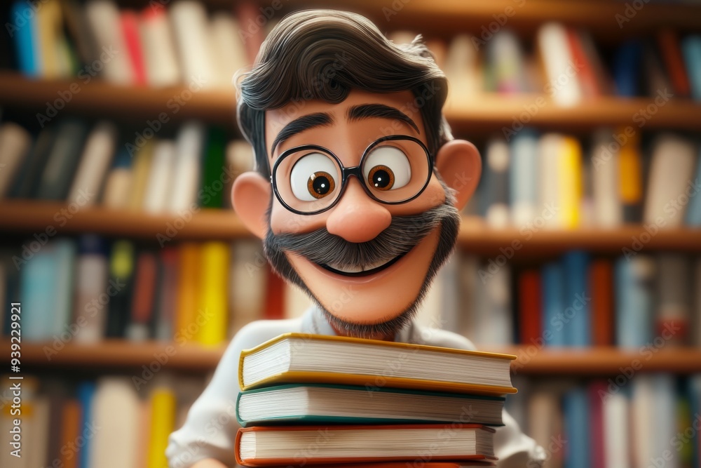 This vibrant cartoon character features a joyful teacher with a big smile, surrounded by a colorful stack of books. Perfect for educational themes and children's content. This vibrant cartoon character features a joyful teacher with a big smile, surrounded by a colorful stack of books. Perfect for educational themes and children's content.