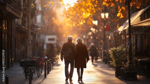 Elderly couple walking down a street at sunset