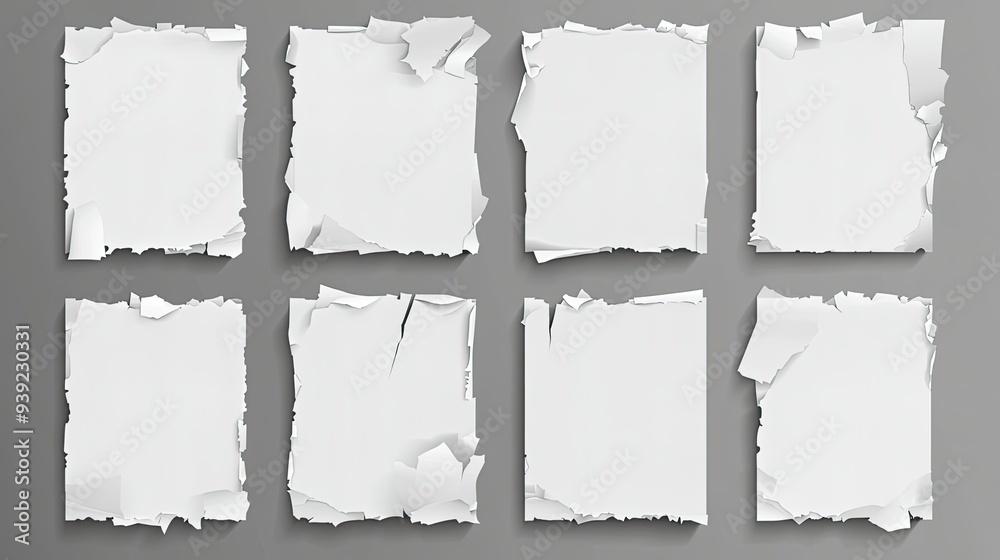 Realistic set of ripped on transparent background. Vector illustration of torn blank pages with uneven texture edges. Damaged letter  document mockup  newspaper cutout