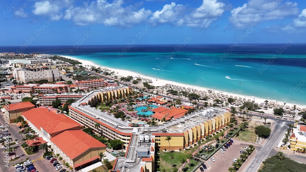Fototapeta premium Eagle Beach At Oranjestad In Caribbean Netherlands Aruba. Caribbean Beach. Blue Sea Background. Oranjestad At Caribbean Netherlands Aruba. Tourism Landscape. Nature Seascape.