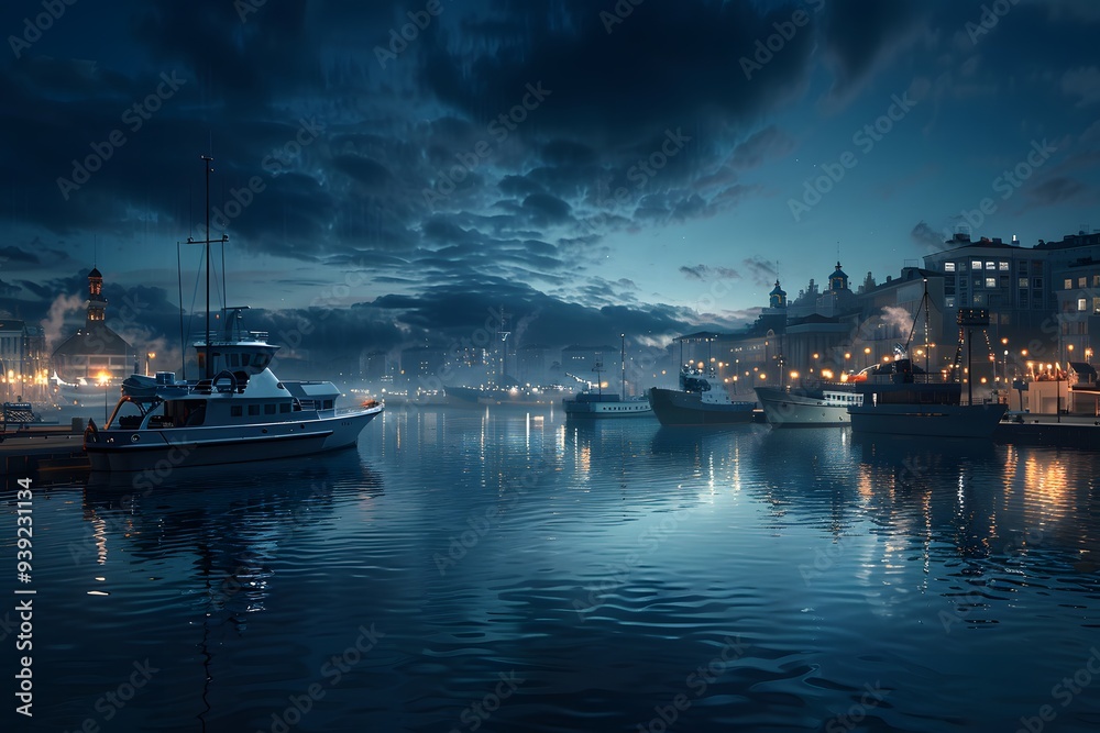 Fototapeta premium Nighttime Cityscape with Boats and Reflections