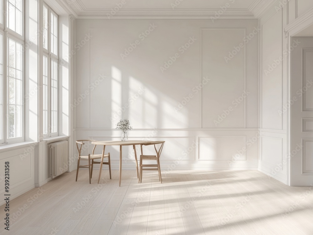 Fototapeta premium A large, empty room with a white wall and a large window