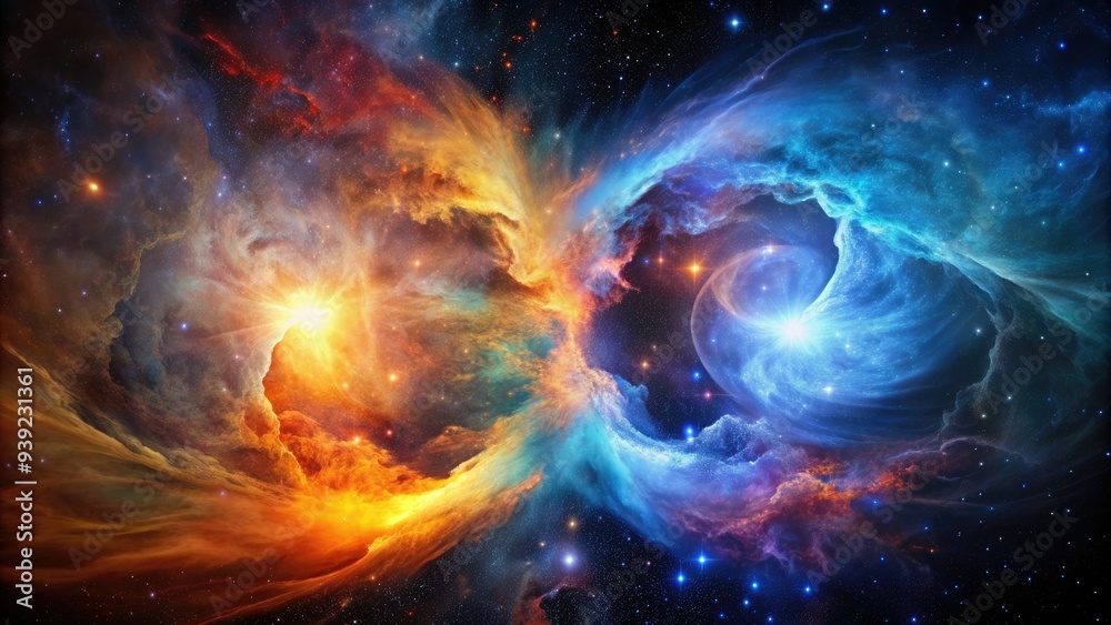 Vibrant dark and light nebula shapes clash in a stunning visual representation of contrast, blending bold abstract forms in a mesmerizing cosmic dance of opposites.