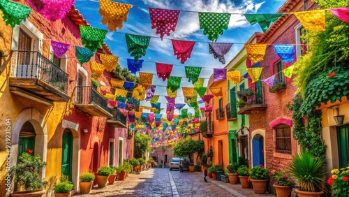 Vibrant decorations and colorful papel picado fill the air in this lively Mexican street scene, capturing the essence of festive Latin American culture.