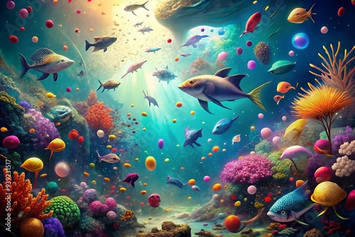 Surreal Underwater Confetti Explosion: Underwater, Marine Life, Futuristic, Dreamlike, Fantasy photo