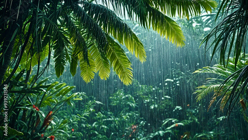 palm tree leaves in the rain 