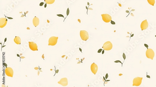 A pattern featuring scattered lemons and leaves on a light background.