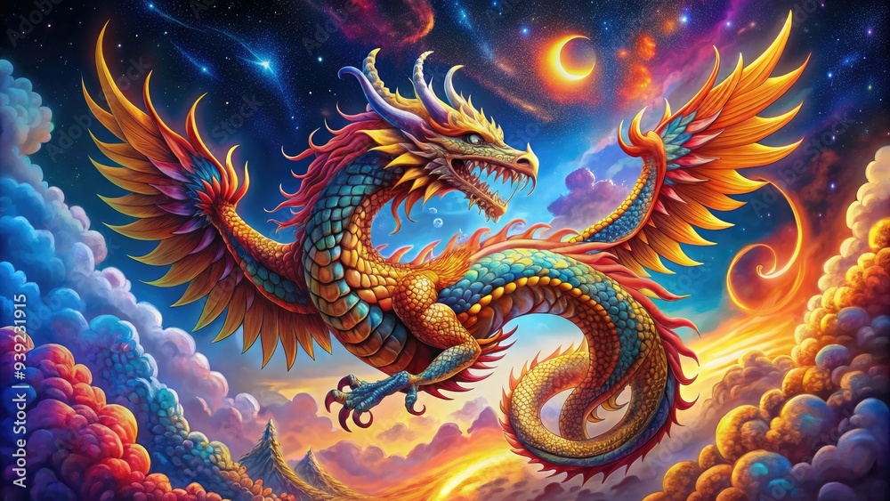 Vibrant dragon illustration awaits coloring, its scaly body, wings, and fiery breath outlined in bold black lines, surrounded by swirling clouds and stars. Vibrant dragon illustration awaits coloring, its scaly body, wings, and fiery breath outlined in bold black lines, surrounded by swirling clouds and stars.