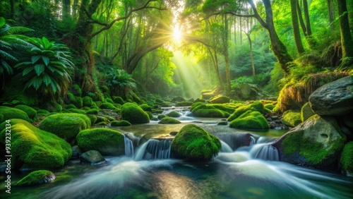 Vibrant emerald green water flows gently over moss-covered rocks in a serene, sun-dappled forest stream, surrounded by lush tropical foliage and warm ambient light.