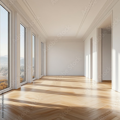 A large  empty room with a lot of windows and a wooden floor
