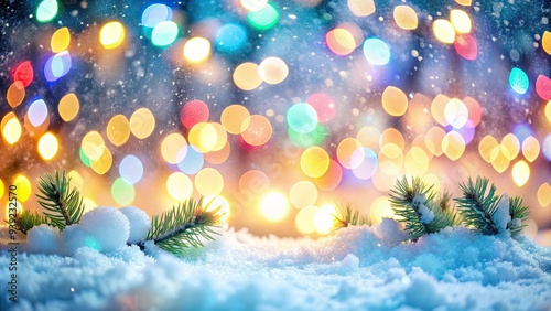 Vibrant festive bokeh lights blur into a soft, snowy white background, creating a magical and serene atmosphere perfect for holiday-themed designs and celebrations. photo