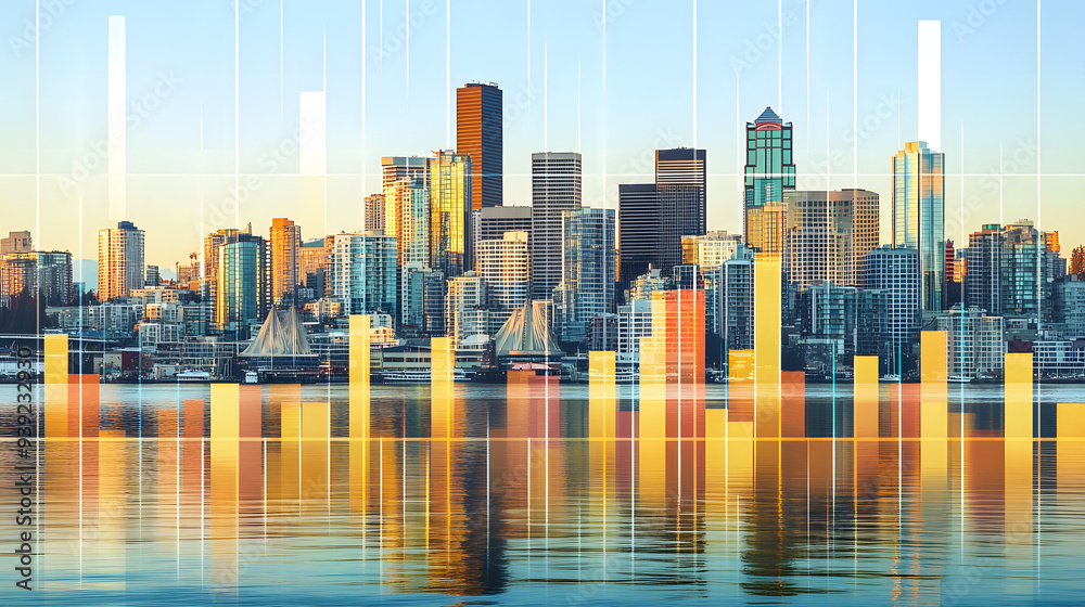 Fototapeta premium Vibrant City Skyline with Employment Outlook Statistics Overlay, Highlighting Urban Development-Job Opportunity Connection.