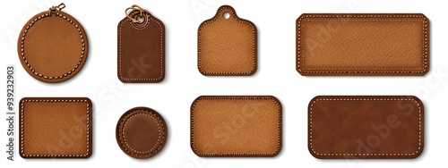 Set of brown isolated realistic leather patch. Label tag with seam template on transparent background. Vintage craft emblem design with string. Round and rectangle calfskin material sample  rivet.