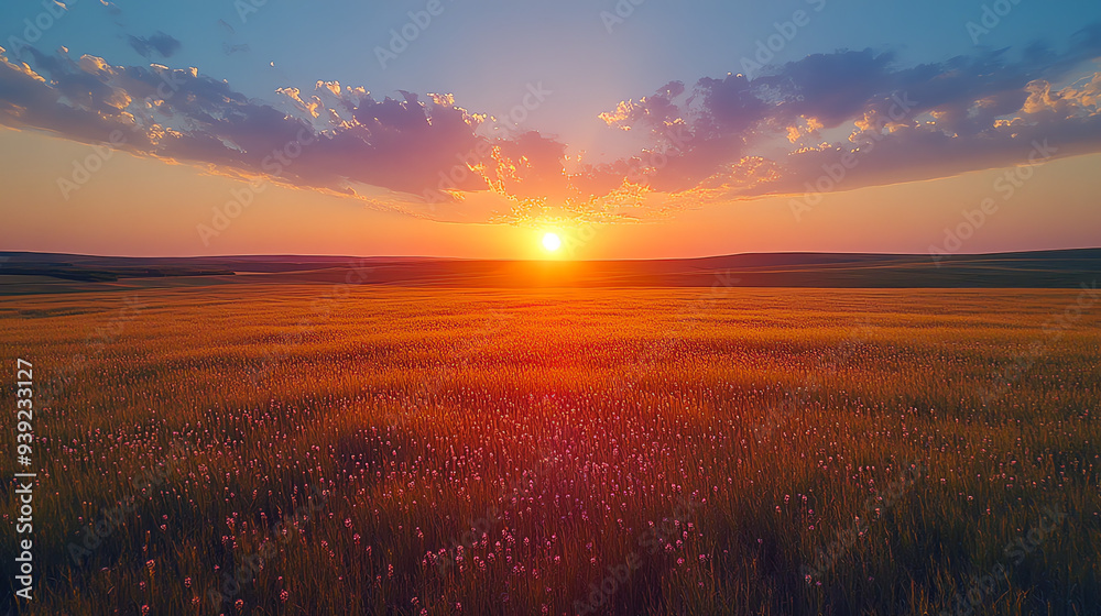 Golden sunset over a wide field of tall grass.
Golden sunset over a wide field of tall grass.