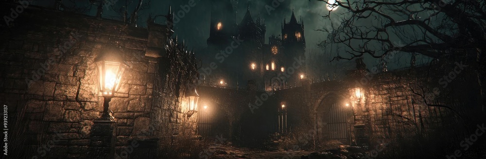 Mysterious castle at night surrounded by fog and illuminated by lanterns, creating an eerie and haunting atmosphere. Mysterious castle at night surrounded by fog and illuminated by lanterns, creating an eerie and haunting atmosphere.