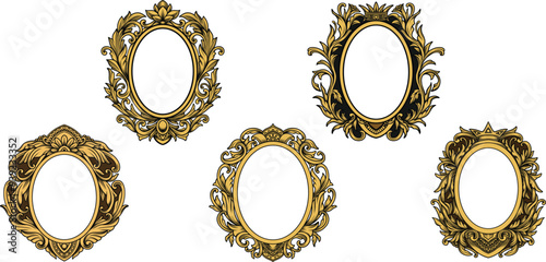 Set of elegant golden vintage frames engraving with Victorian baroque ornament. Antique Border frame decorative with swirl, scroll, floral, flourish and filigree element. Vector design illustration