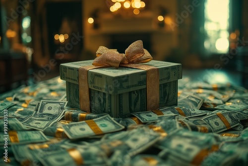 Gift box wrapped in dollar bills with a golden bow surrounded by money photo