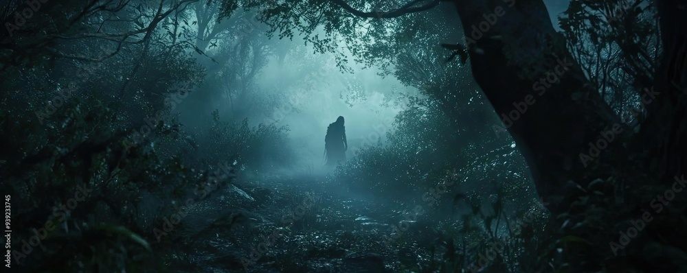 Obraz premium A mysterious figure shrouded in fog stands in a dark forest, evoking a sense of intrigue and the unknown.