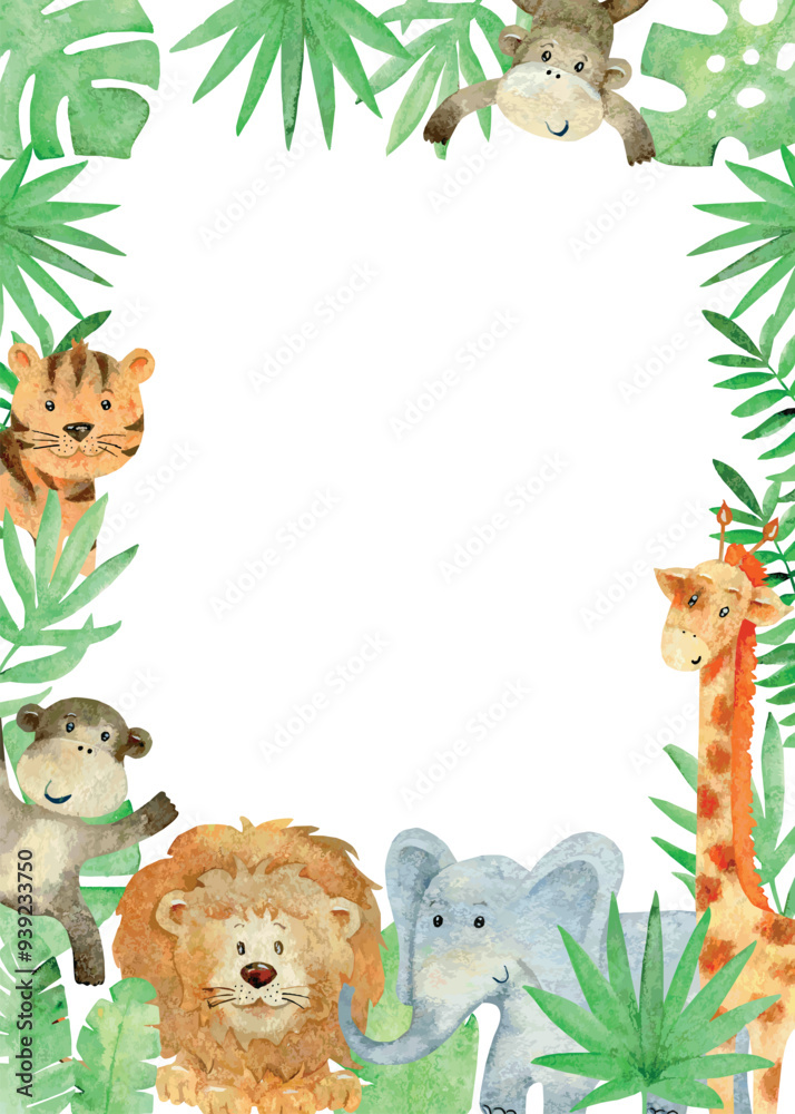 Obraz premium Vector Baby shower card. Watercolor safari card with animals.