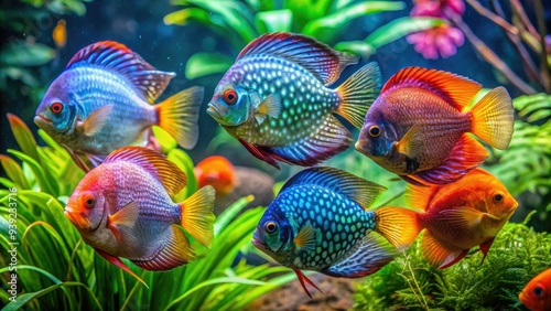 Vibrant freshwater discus fish swim together in a serene aquarium, their iridescent scales shimmering in shades of blue, green, and red amidst lush aquatic plants. photo