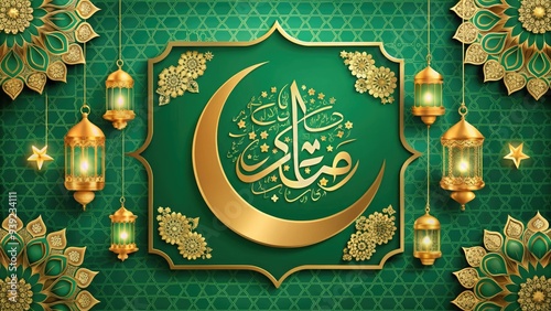 Vibrant gold Arabic calligraphy on a green banner with floral patterns, lanterns, and crescent moon, celebrating Eid al-Fitr and Ramadan festivities. photo