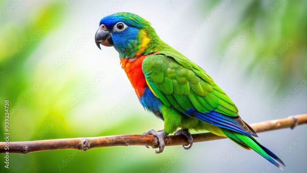 Obraz premium Vibrant green and blue plumage shines on a lone parrot perched on a.branch against a soft, blurred white background, showcasing its exotic beauty.