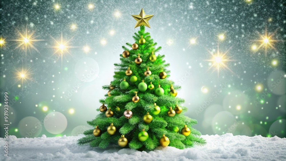 Vibrant green Christmas tree triangular shape adorned with shimmering ornaments, twinkling lights, and a sparkling star on top against a snowy white background. Vibrant green Christmas tree triangular shape adorned with shimmering ornaments, twinkling lights, and a sparkling star on top against a snowy white background.