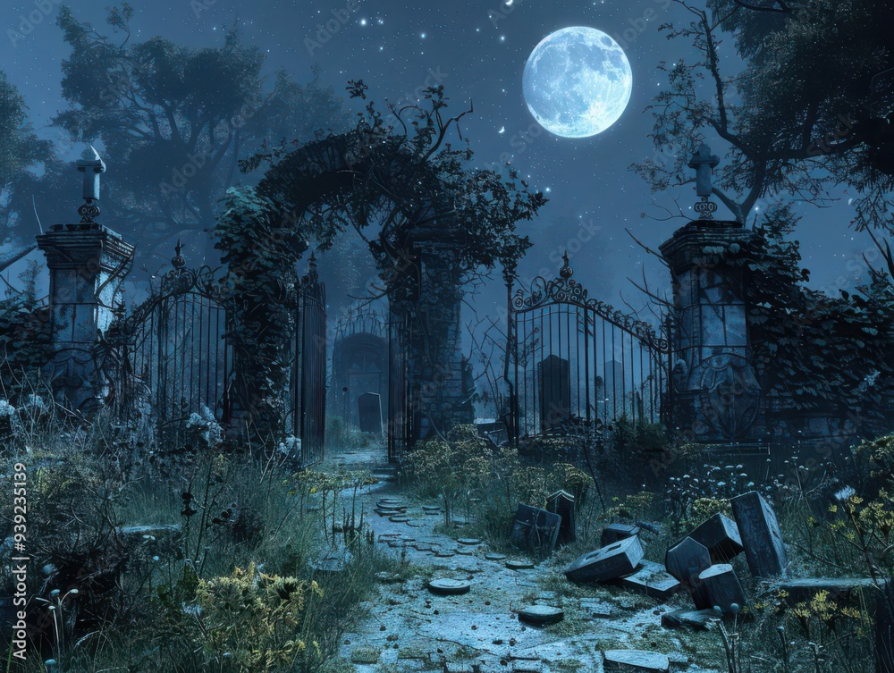 Eerie abandoned cemetery under full moon, with overgrown foliage and crumbling gates, creating a haunting and mysterious atmosphere. Eerie abandoned cemetery under full moon, with overgrown foliage and crumbling gates, creating a haunting and mysterious atmosphere.