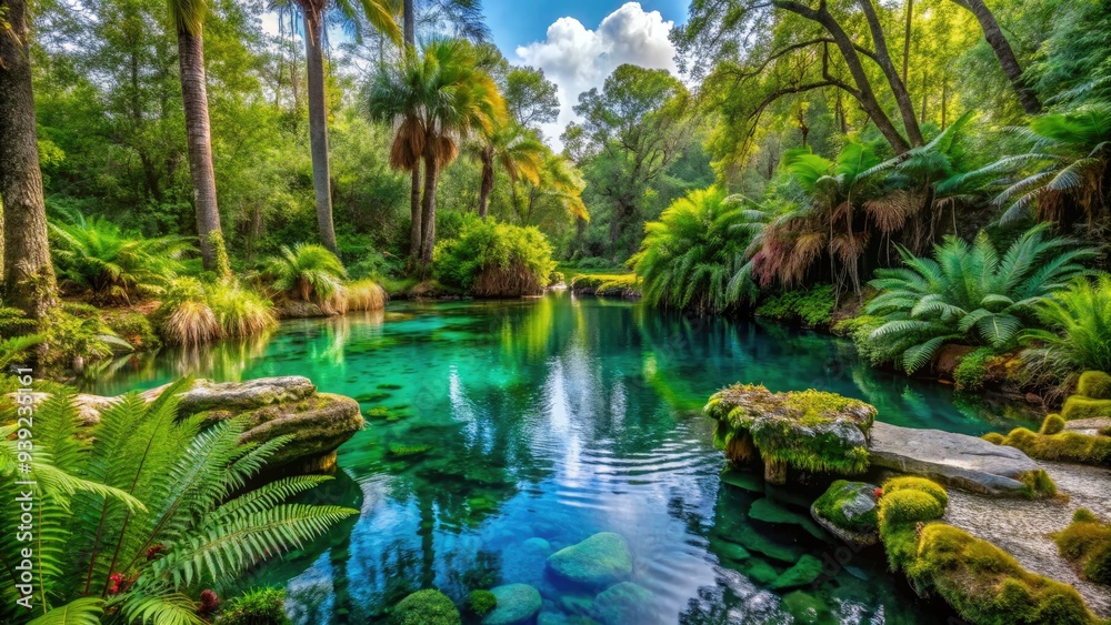 Vibrant green ferns and aquatic plants thrive in the crystal-clear waters of a natural spring in Florida, surrounded by lush tropical vegetation and sun-dappled rocks. Vibrant green ferns and aquatic plants thrive in the crystal-clear waters of a natural spring in Florida, surrounded by lush tropical vegetation and sun-dappled rocks.