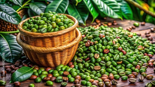 Vibrant green coffee beans spill from a traditional Mayan woven basket, showcasing Guatemala's rich coffee heritage amidst a backdrop of lush, emerald-green foliage. photo