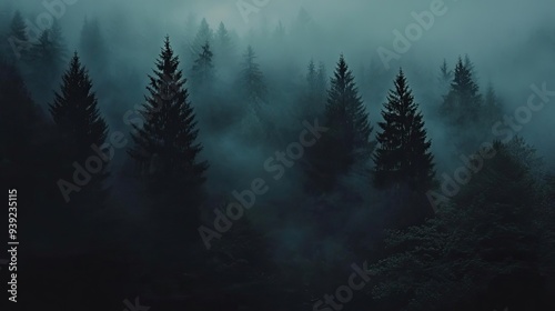 Mysterious forest shrouded in fog, creating an ethereal atmosphere with dark pine trees rising through the mist.