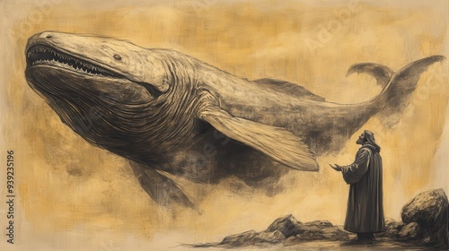 Illustration of The Lord Answering Job - Emphasizing Leviathan’s Invincibility and God’s Supreme Power, Beige Background