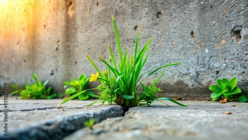 Vibrant green grass and delicate plants sprout from a crack in a worn, weathered concrete footer, symbolizing hope and renewal in a neglected urban landscape.