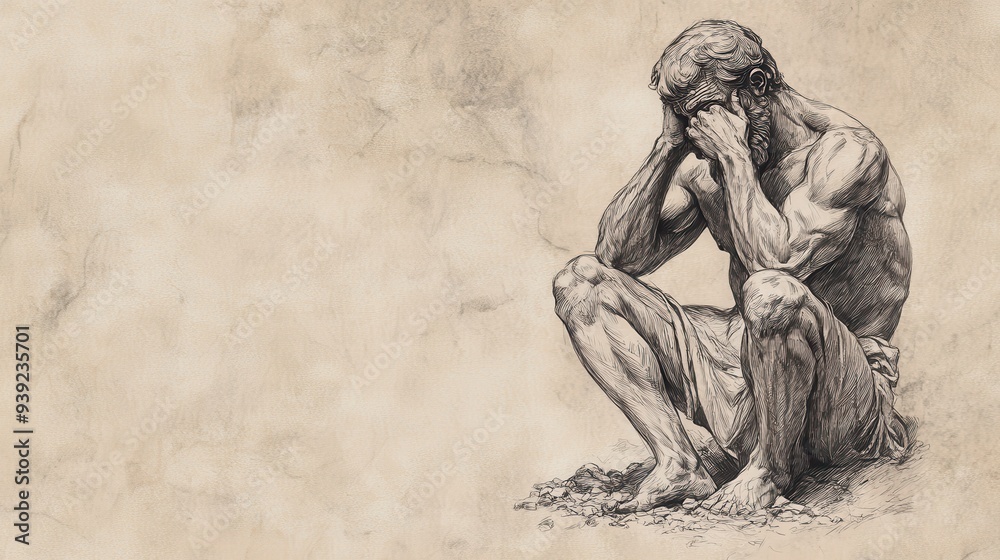 Fototapeta premium Illustration of Job’s Sorrowful Plea - Job Sitting in Ashes, Confused and Pleading for Understanding from God, Beige Background