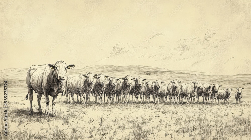 Fototapeta premium Illustration of Job’s Restored Wealth - Job’s Land Flourishing with Flocks and Herds, Symbolizing His Return to Prosperity, Beige Background
